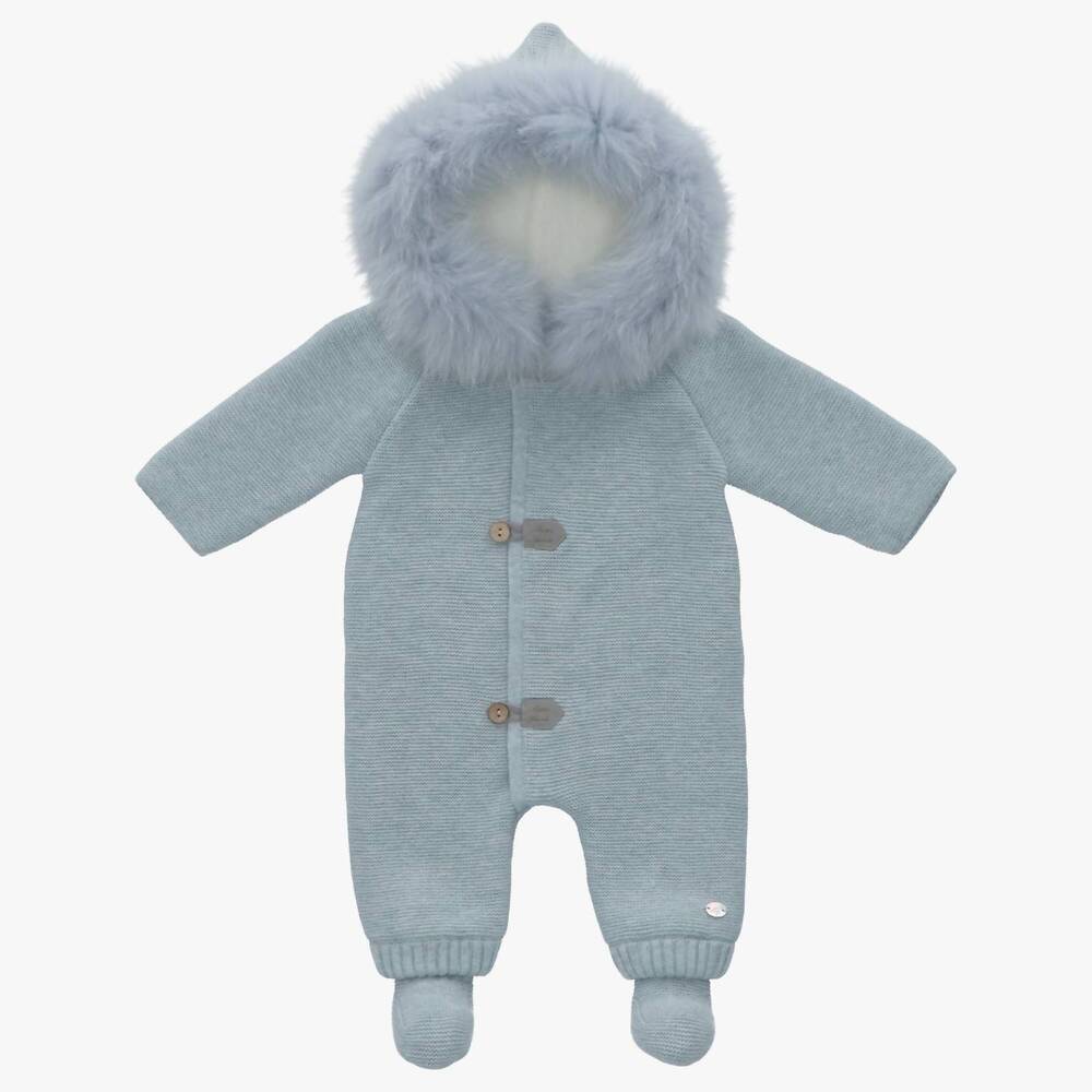 NEW MARTIN ARANDA baby winter footie with real fur in light grey/blue